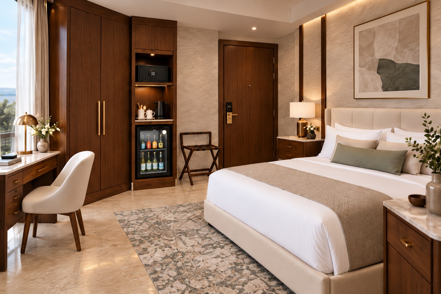 Chambre d'hôtel aménagée sur mesure : armoire, mini-bar, bureau, lit et chevets